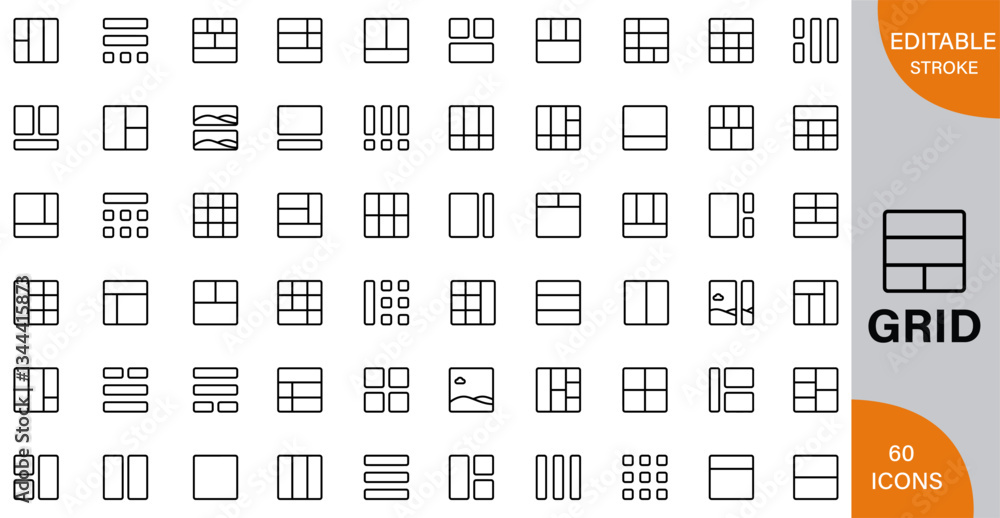 Grid Design, Structure, and Utility in Modern Applications icon pack | Detailed Outline | Editable Stoke 60 icon | Victor illustrator. Grid Design, Structure, and Utility in Modern Applications icon pack | Detailed Outline | Editable Stoke 60 icon | Victor illustrator.
