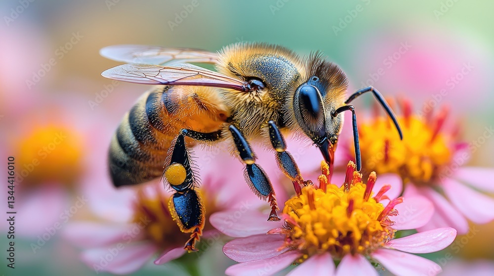 Close-up of a bee pollinating vibrant pink flowers in a lush garden setting Close-up of a bee pollinating vibrant pink flowers in a lush garden setting