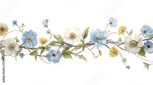 Fototapeta Naklejka Na Ścianę i Meble -  Floral watercolor blue, white & yellow flowers with vines, leaves on white backdrop