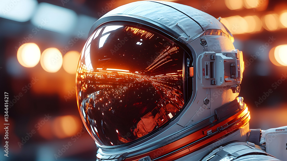 Close-up of astronaut helmet reflecting a vibrant cityscape at sunset. Intriguing blend of futuristic tech and urban landscape Close-up of astronaut helmet reflecting a vibrant cityscape at sunset. Intriguing blend of futuristic tech and urban landscape