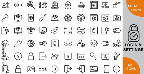 Login and Settings icon pack | Detailed Outline | Editable Stoke 60 icon | Victor illustrator.