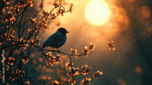 Silhouette of a bird perched on a blossoming branch at sunset