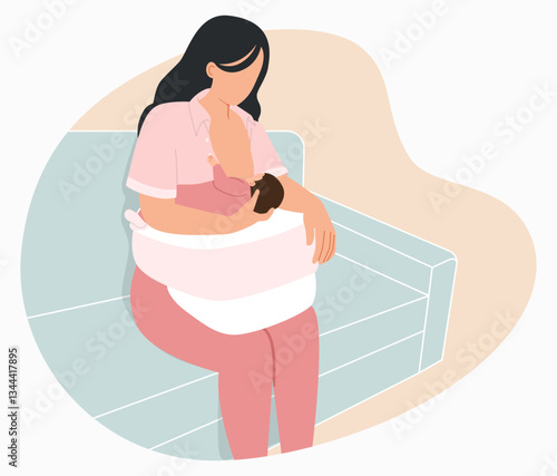 Breastfeeding: The mother is sitting on the sofa, breastfeeding her baby.