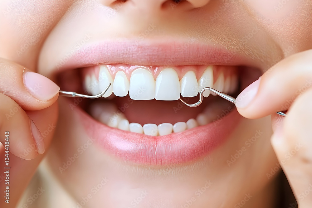 Fototapeta premium Maintaining a bright smile, highlighting dental hygiene with interdental brush