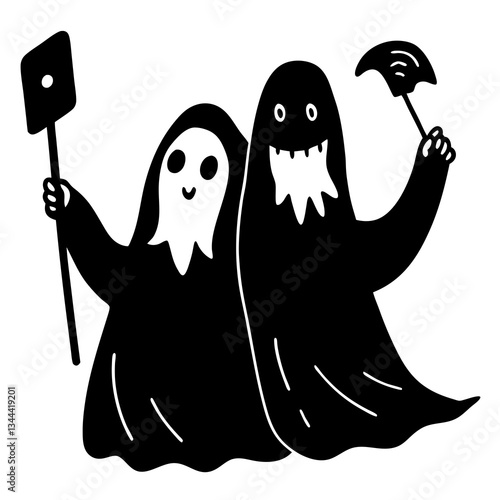  Cartoon ghosts taking selfies silhouette vector illustration
