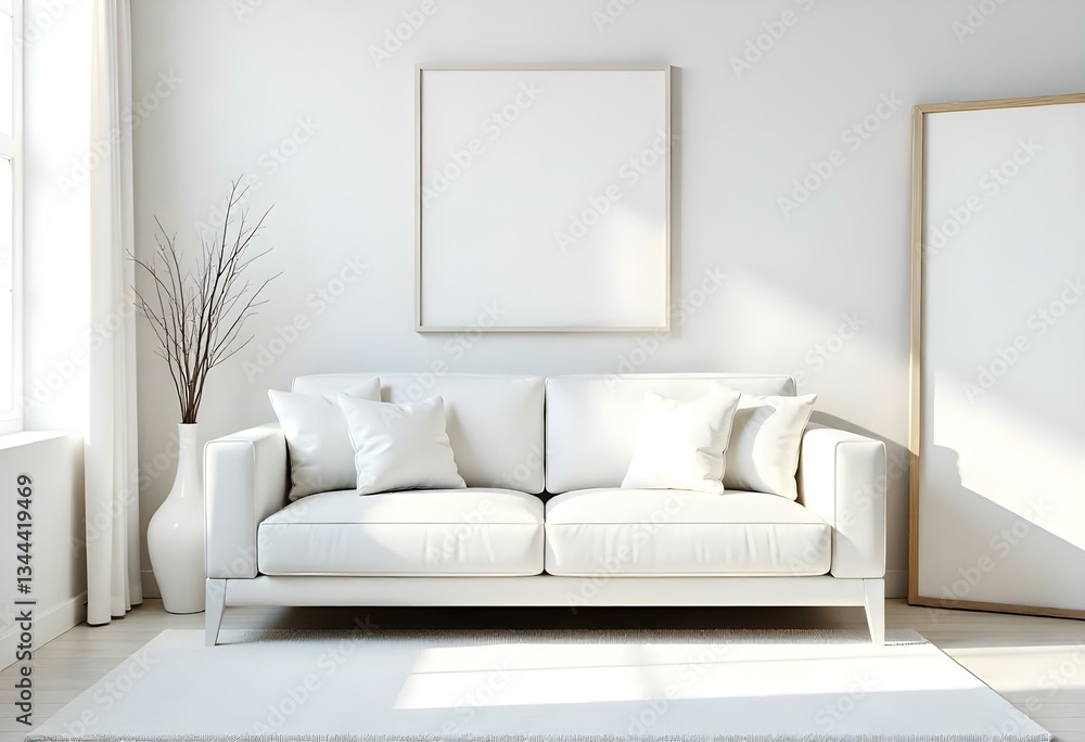 Fototapeta premium A white couch with pillows and a vase on a white carpet in a white room with a mirror and a painting.