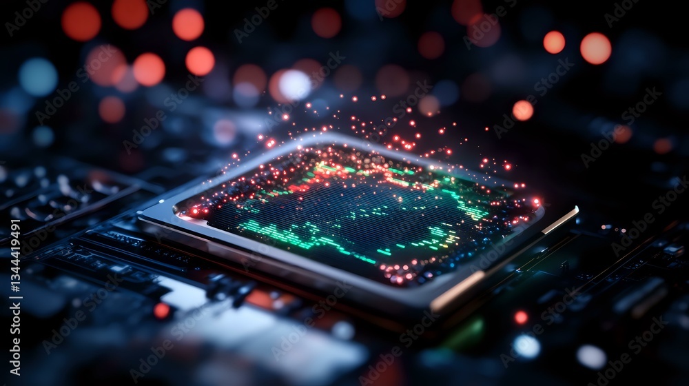 Fototapeta premium Glowing microchip on circuit board with red and blue bokeh lights, macro photography showing electronic components and digital technology innovation.