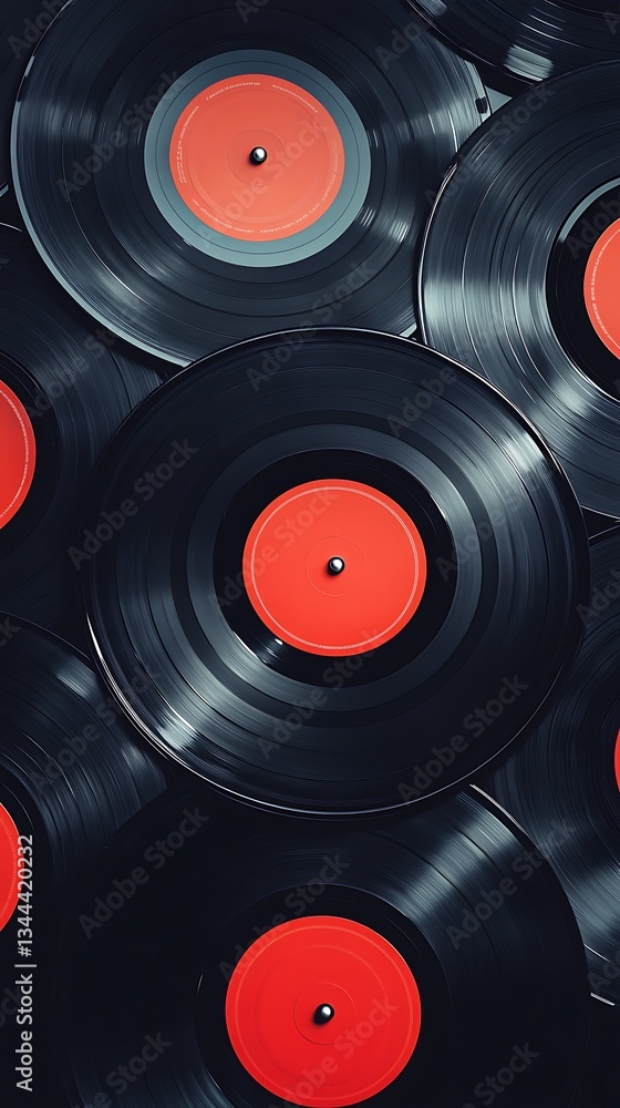 Close-Up of Vinyl Records with Bright Red Labels in a Pattern Layout Close-Up of Vinyl Records with Bright Red Labels in a Pattern Layout