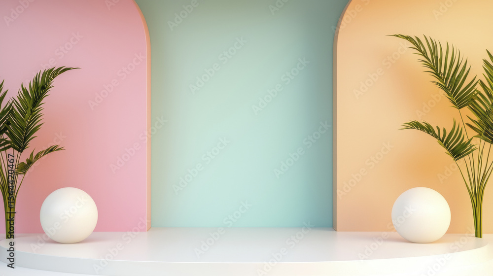 modern display with pastel arches and round shapes, featuring greenery