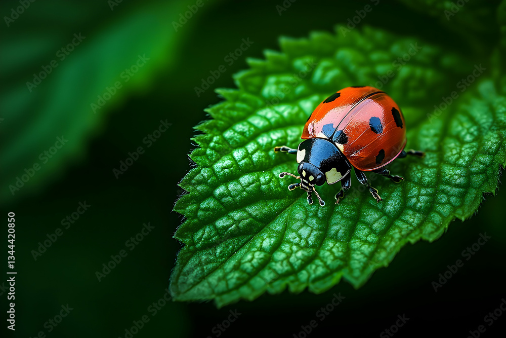 Naklejka premium Ladybug perched on a vibrant green leaf against a dark, moody background