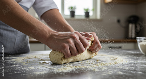 Close Up Of Hands Kneading Dough On A Grey Surface With Flour And Bright Light In Kitchen