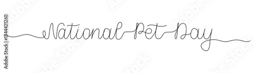 National Pet Day words in continuous one line art style. Minimalist black drawing of phrase on white background. Hand drawn calligraphy quote with editable stroke. Outline handwritten script
