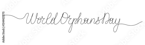 World Orphans Day one line art lettering. Outline hand drawn script. Words in continuous style. Handwritten quote with editable stroke. Minimalist black drawing of phrase on white background.