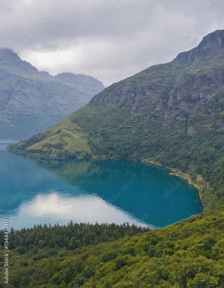 Fototapeta premium Serene Mountain Lake Panorama: A Breathtaking View of Turquoise Waters and Majestic Peaks