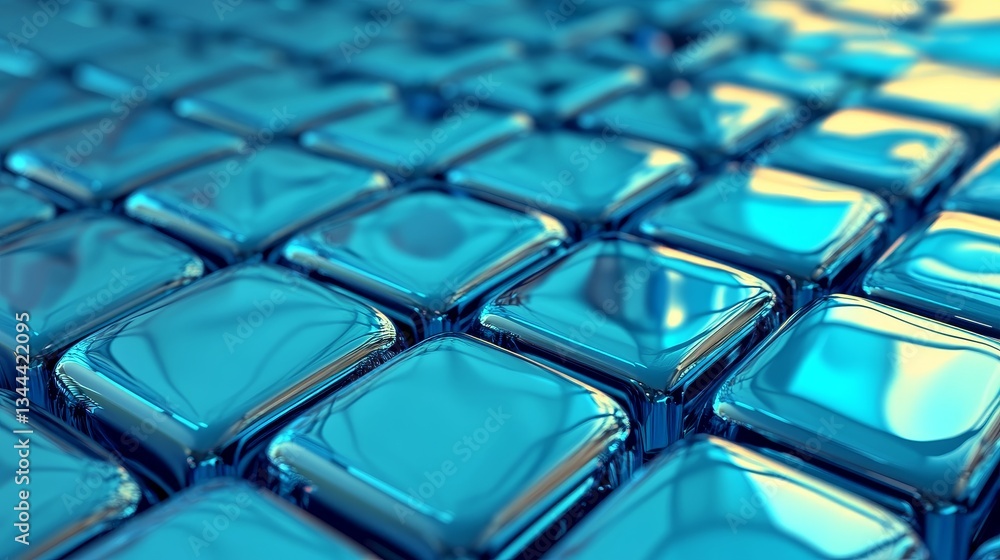 Obraz premium Innovative technology is showcased through translucent shapes on a blue surface in this 3D rendered image with copy space