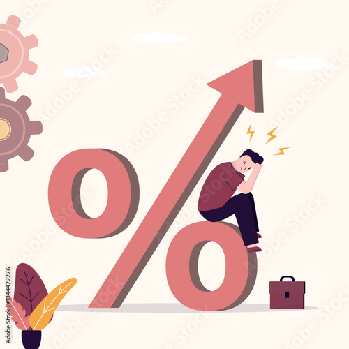 High percentage or interest rate, debt burden, financial profit or losses concept, angry businessman sitting on percentage sign. Inflation, unhappy customer.