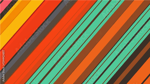 a vector illustration featuring diagonal stripes in various warm and cool colors, including shades of orange, red, yellow, brown, and teal. The stripes  be evenly spaced, parallel, and have a slightly