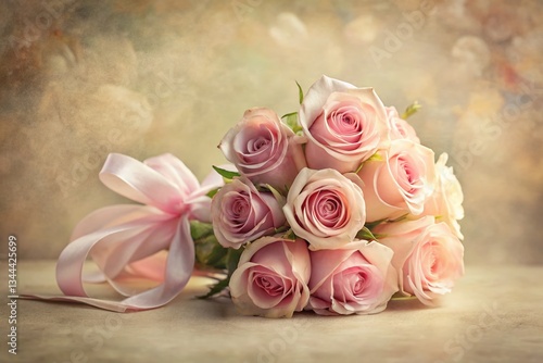 Surreal Pink Rose Bouquet with White Silk Ribbon on Beige Background - Stock Photo