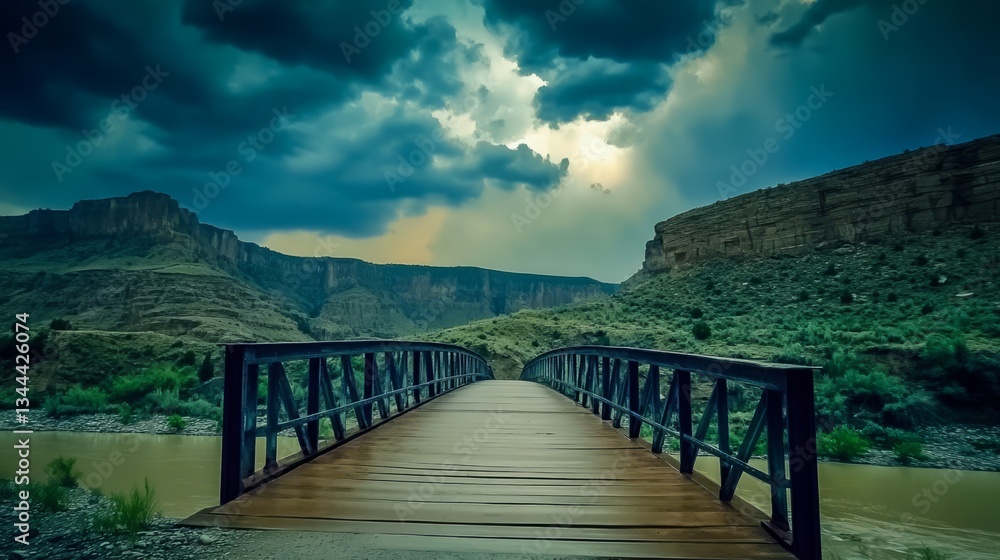 Obraz premium Serene Bridge Over Canyon River Under Dramatic Sky