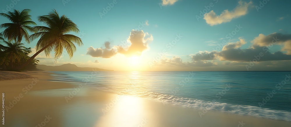 Tropical Beach Sunset with Palm Trees and Ocean Waves Landscape View Tropical Beach Sunset with Palm Trees and Ocean Waves Landscape View