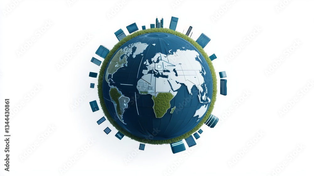 Fototapeta premium A stylized globe showcasing continents and urban structures for ecological awareness.