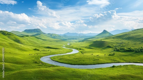 Serene Landscape with Flowing River and Lush Green Hills