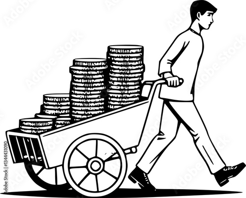 Monochrome illustration of a man pushing a cart full of stacked coins symbolizing finance and savings in a minimalist black and white line art style