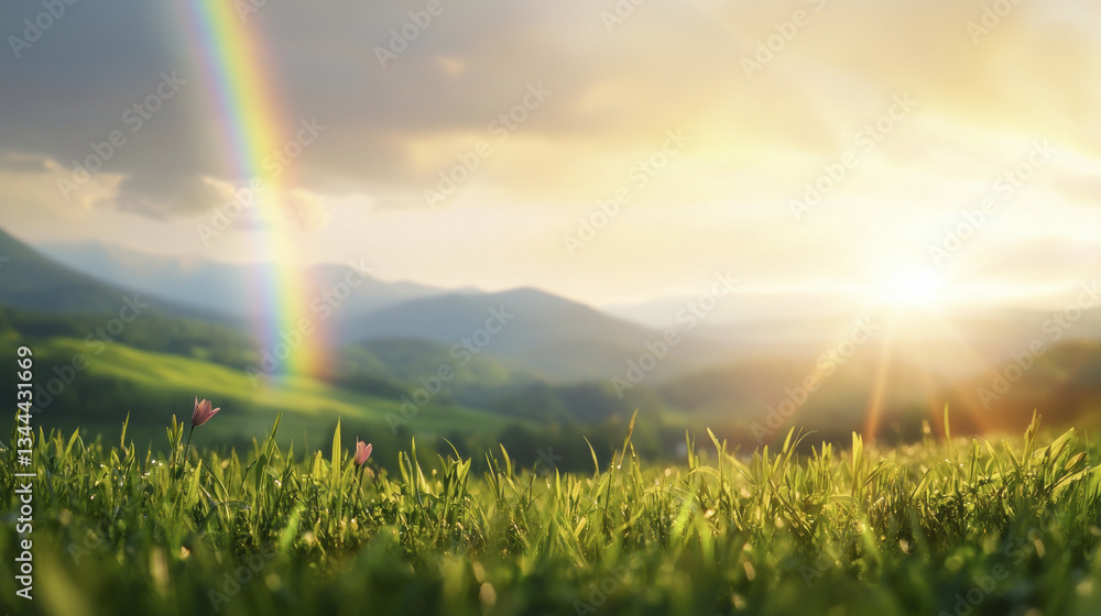 Naklejka premium vibrant rainbow arches over lush green landscape, illuminated by warm sunset. scene evokes sense of peace and tranquility