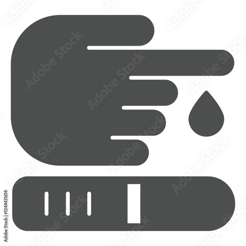 Glucose meter strip strip with hand solid icon, medical test concept. Vector graphics. Finger drop with sample stick sign on white background, glyph style icon for mobile or web design.