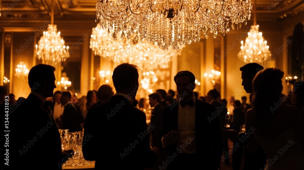 Obraz premium Silhouetted guests in elegant attire mingle under opulent chandeliers, creating a sophisticated and enchanting atmosphere at an upscale soirÃ©e. . --