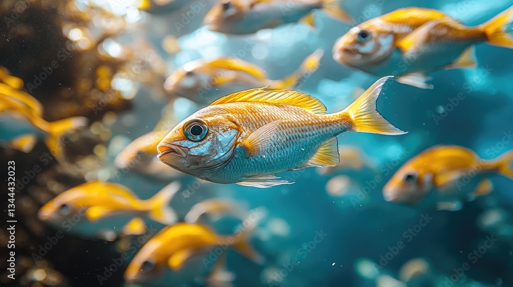 Fototapeta premium School of vibrant yellow fish swimming gracefully in clear blue ocean waters
