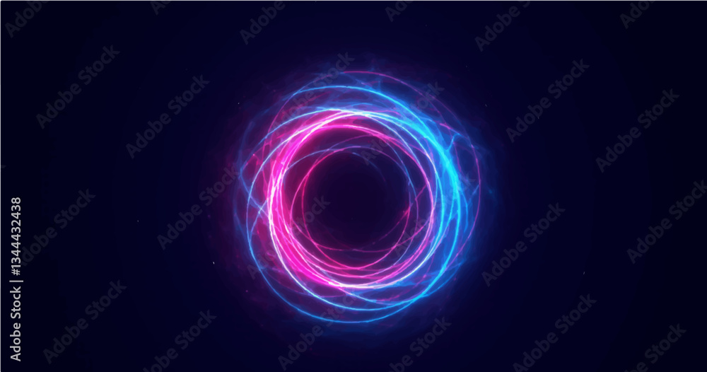 Abstract technology cyberspace concept blue and pink neon colors light swirl lines circle shape on dark background. Vector illustration Abstract technology cyberspace concept blue and pink neon colors light swirl lines circle shape on dark background. Vector illustration