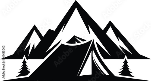 Camping Tent in the mountain  black  silhouette