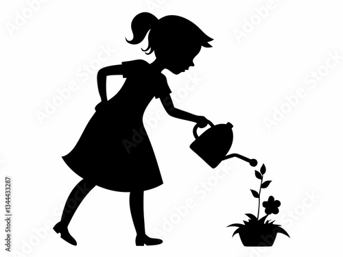 girl watering  silhouette,girl watering  plant illustration