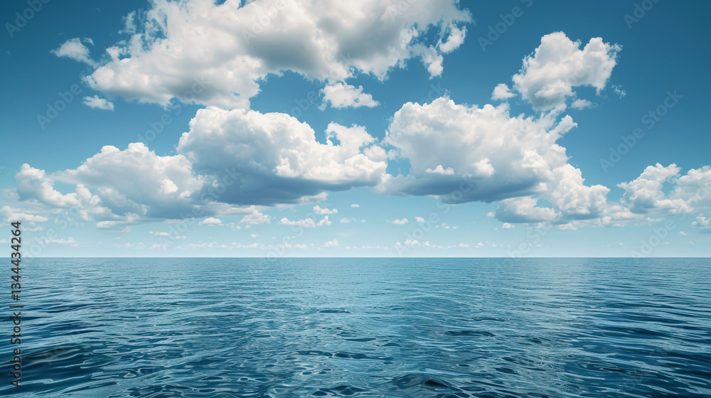 Obraz premium A vast, calm ocean reflecting the sky, with large, fluffy clouds on the horizon.