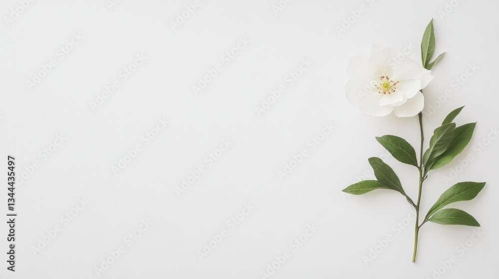Fototapeta premium capture single spring blossom with delicate petals surrounded by fresh green leaves on bright white backdrop
