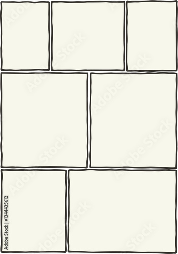 Hand-drawn comic panel grid with seven isolated rectangular frames, irregular black borders on aged cream background. Simple minimalist design, organized layout for sequential storytelling.
