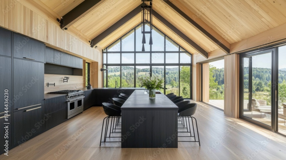 Naklejka premium Minimalist rustic attic loft kitchen, light wood walls, oversized dark chairs, black kitchen island, integrated LED lighting, panoramic country house view