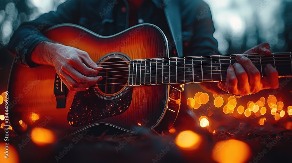 Fototapeta premium Guitarist playing acoustic guitar in a forest at dusk with glowing lights