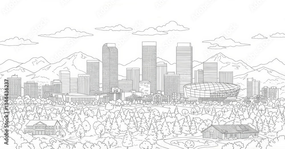 Naklejka premium Denver City Skyline Illustration - A detailed line drawing of the Denver skyline, featuring mountains and greenery. Perfect for coloring books or city guides
