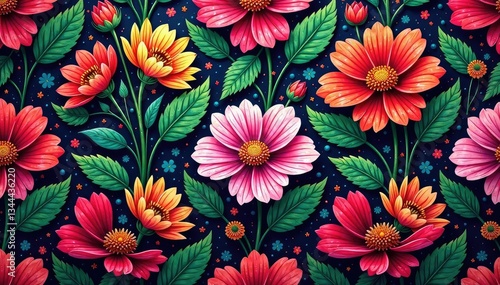 Wallpaper Mural Intricate continuous floral pattern, vibrant hues, flower, nature, illustration Torontodigital.ca