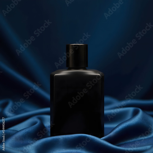 A sleek black perfume bottle stands elegantly on a rich blue satin fabric, exuding a sense of luxury and sophistication
