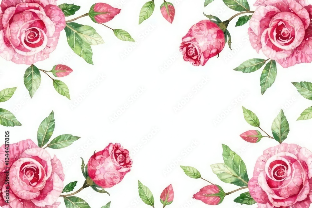Fototapeta premium Delicate watercolor roses & leaves, repeating pattern, nature, illustration