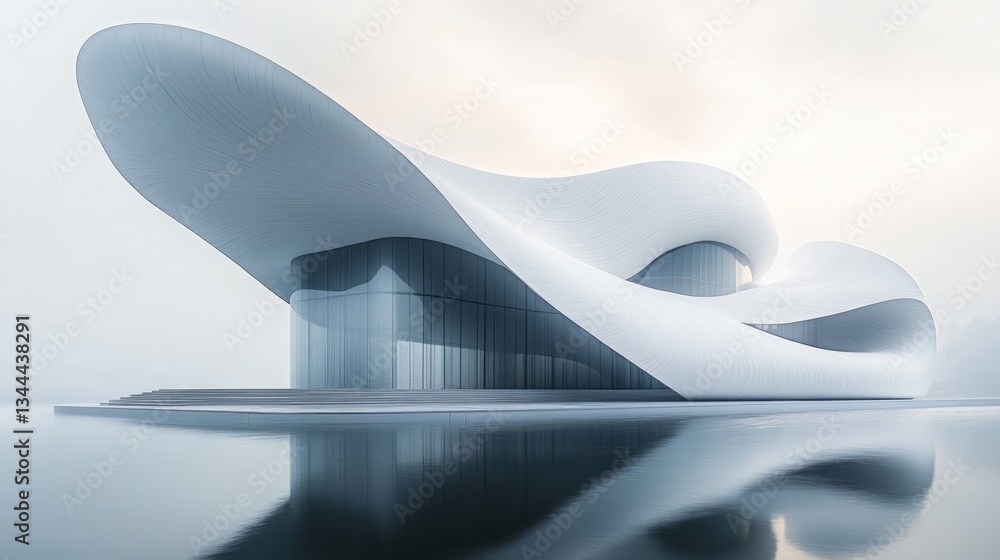 Futuristic white building reflecting on calm water. Futuristic white building reflecting on calm water.