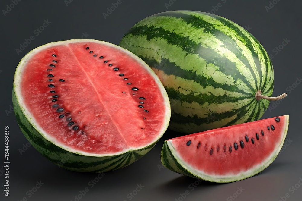 Fresh Ripe Watermelon with Slices on Dark Background, Juicy Red Flesh and Black Seeds
Fresh Ripe Watermelon with Slices on Dark Background, Juicy Red Flesh and Black Seeds