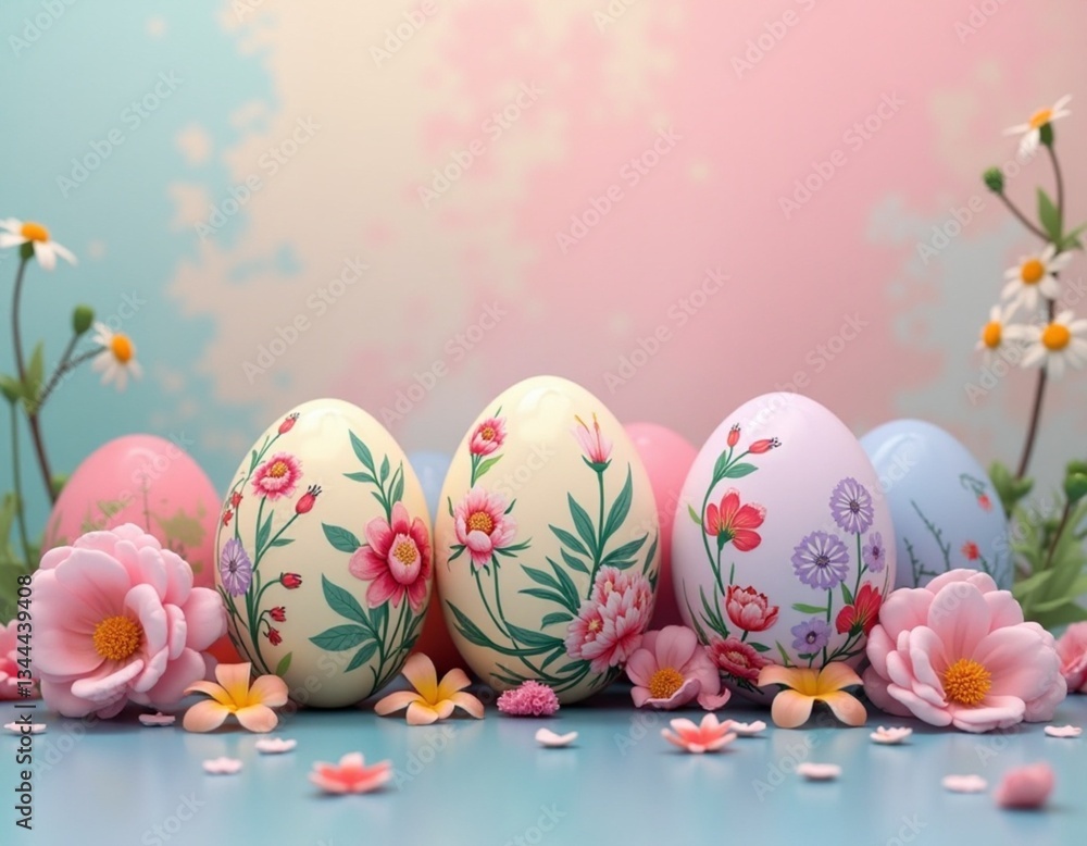 Fototapeta premium Vibrant Easter eggs adorned with intricate floral designs, surrounded by spring flowers. A delightful celebration of the festive season and nature's beauty.