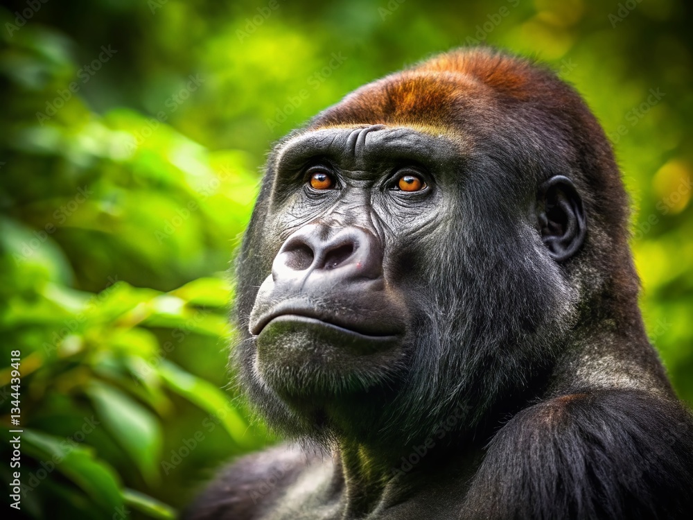 Obraz premium Thoughtful Western Lowland Gorilla: Critically Endangered Primate in Rainforest Habitat