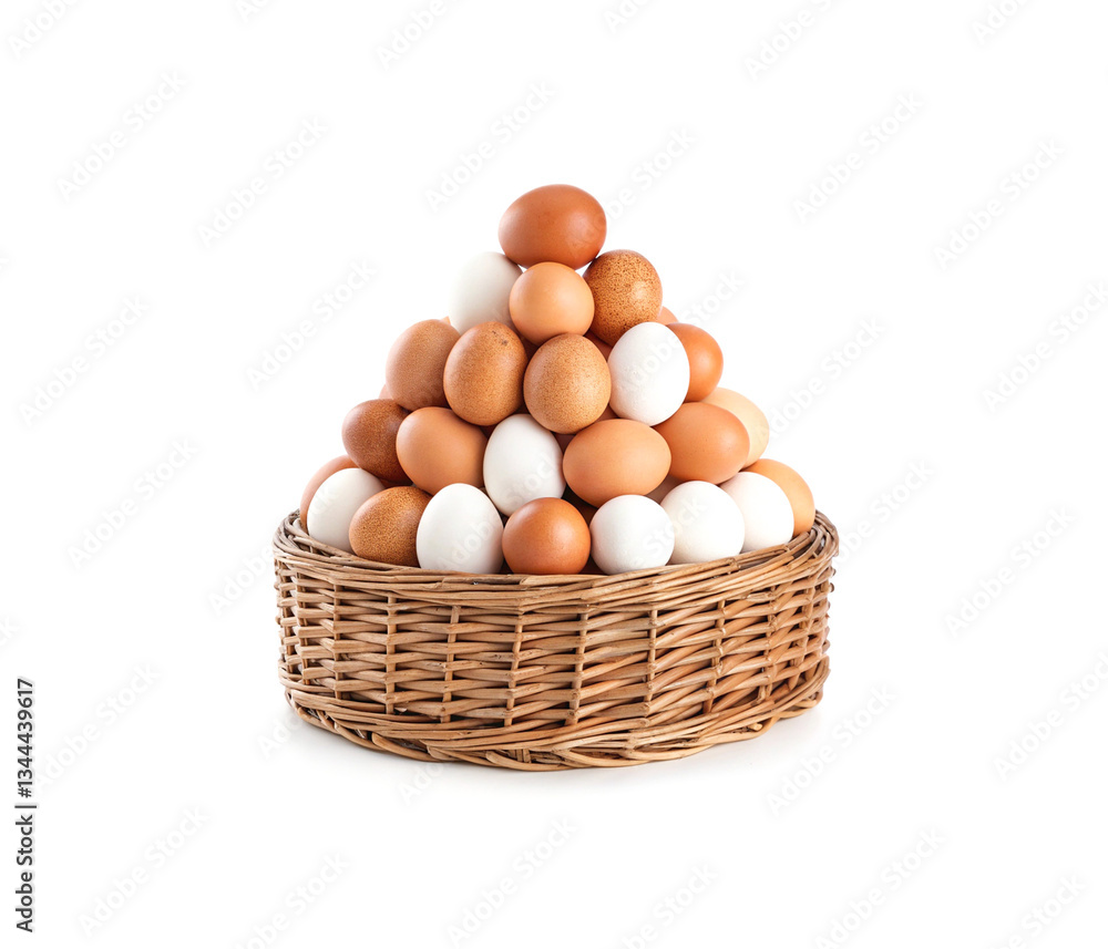 custom made wallpaper toronto digitalAssorted brown and white eggs in a wicker basket isolated on white background.