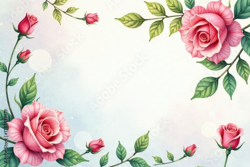 Delicate watercolor roses, climbing vines, soft pastel hues, textile, flowers, watercolor