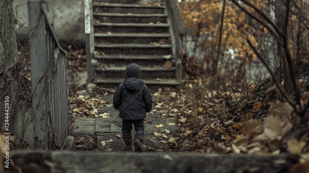 Child Walking Alone Up Worn Stone Steps Surrounded by Autumn Leaves in Quiet Natural Setting Child Walking Alone Up Worn Stone Steps Surrounded by Autumn Leaves in Quiet Natural Setting